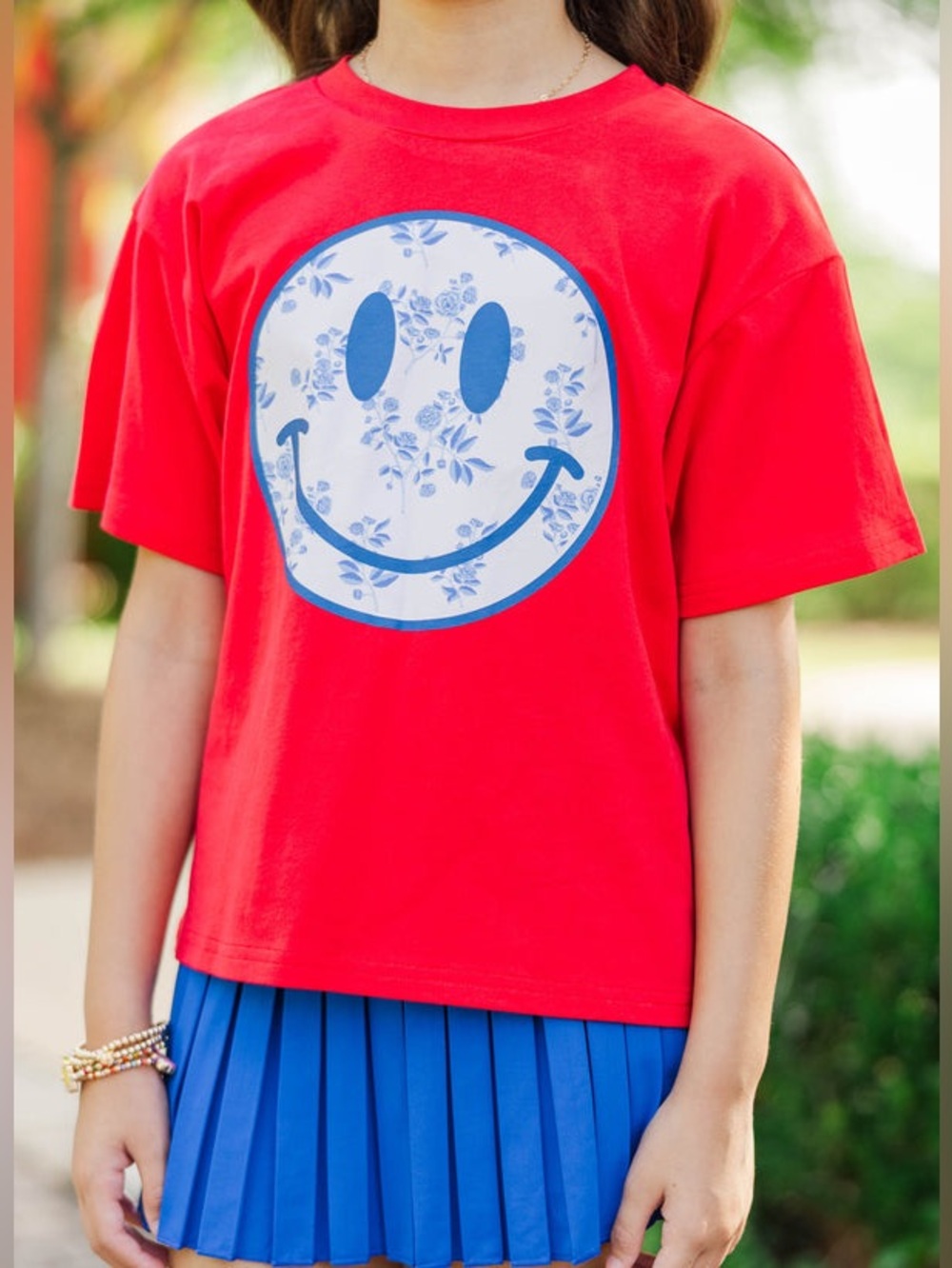 Shop The Mint Girls Floral Toile Smiley Face Red Graphic Tee, Size 8/10